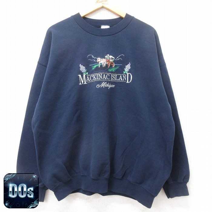 00s 長袖スウェット MACKINAC ISLAND刺繍 ネイビー XL | 古着