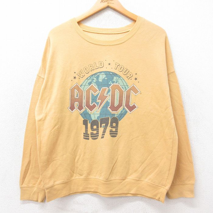 M★古着 長袖 ロック バンド スウェット メンズ AC/DC クルーネック 黄系 イエロー 25sep27 中古 スエット トレーナー トップス