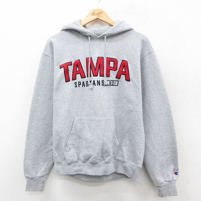 M★古着 チャンピオン champion 長袖 スウェット パーカー メンズ タンパスパルタンズ グレー 霜降り 25sep27 中古 スエット トレーナー トップス