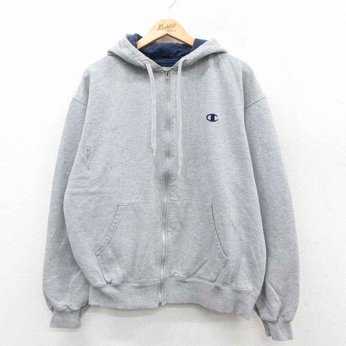 XL★古着 チャンピオン champion 長袖 スウェット フルジップ パーカー メンズ ワンポイントロゴ グレー 霜降り 25sep27 中古 スエット トレーナー トップス