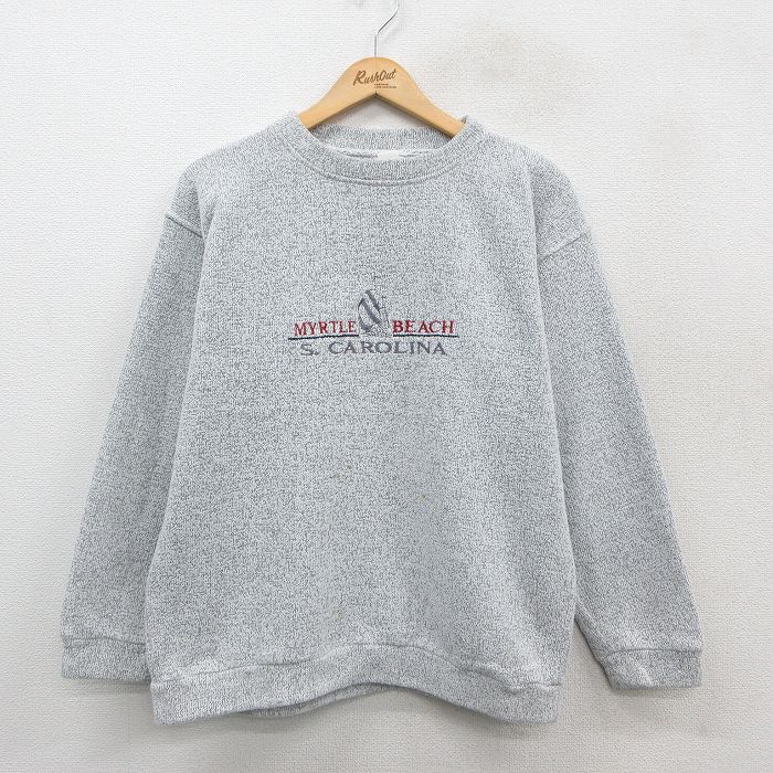 L★古着 長袖 スウェット パーカー メンズ 80年代 80s マートルビーチ 刺繍 パイル地 コットン クルーネック グレー系 25sep27 中古 スエット トレーナー トップス