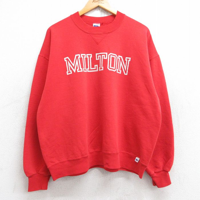 XL★古着 ラッセル 長袖 スウェット メンズ 90年代 90s ミルトン クルーネック USA製 赤 レッド 25sep30 中古 スエット トレーナー トップス