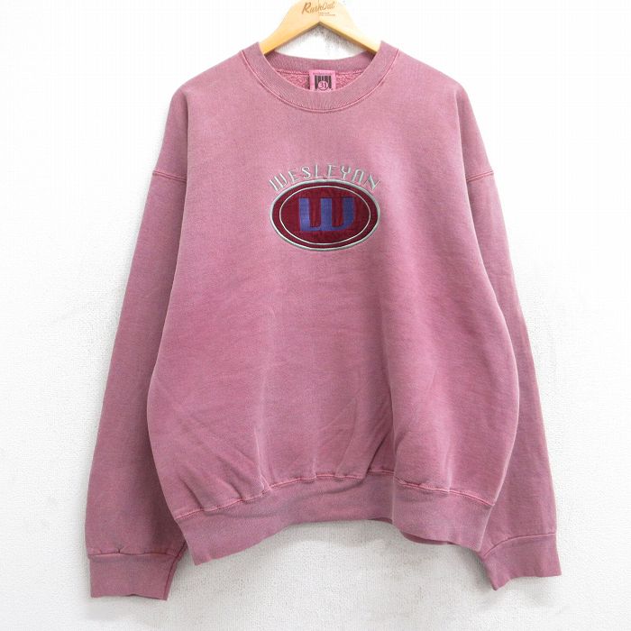 XL★古着 長袖 スウェット メンズ 90年代 90s ウェズリアン 刺繍 大きいサイズ クルーネック USA製 エンジ系 25sep30 中古 スエット トレーナー トップス
