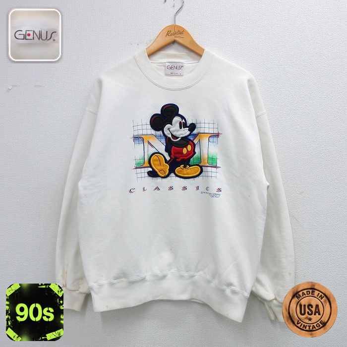 【50%OFF】ディズニー 90s 長袖スウェット ミッキー刺繍 ホワイト L | 古着