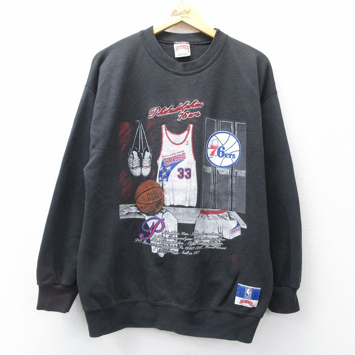 L★古着 長袖 スウェット メンズ 90年代 90s NBA フィラデルフィアセブンティシクサーズ クルーネック USA製 黒【spe】 26jan21