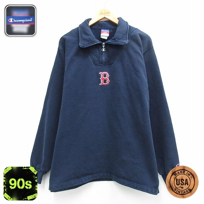 チャンピオン 90s ハーフジップスウェット ボストンレッドソックス ネイビー XL | 古着