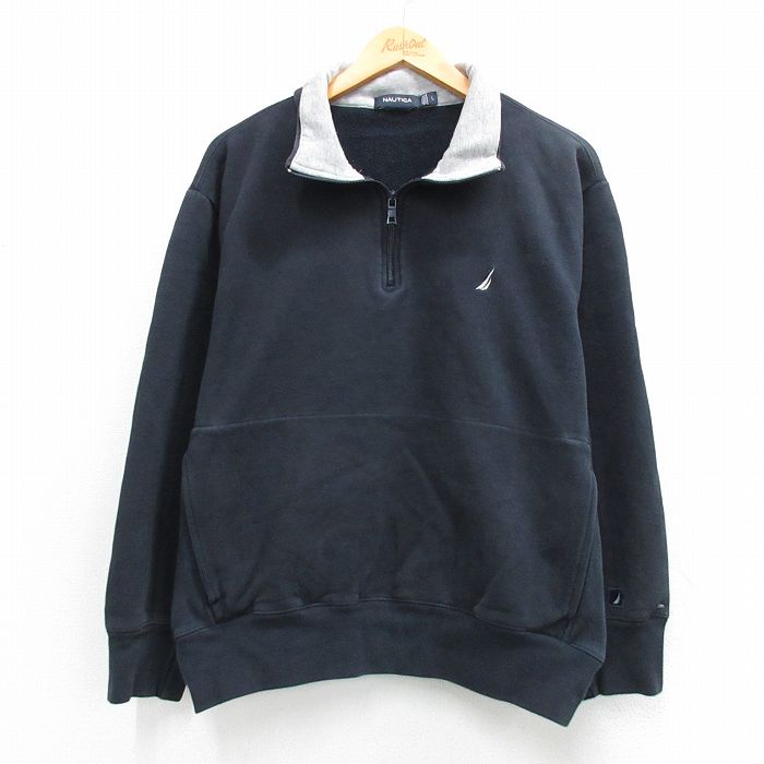 XL★古着 ノーティカ 長袖 ブランド ハーフジップ スウェット メンズ ワンポイントロゴ 黒 26mar16