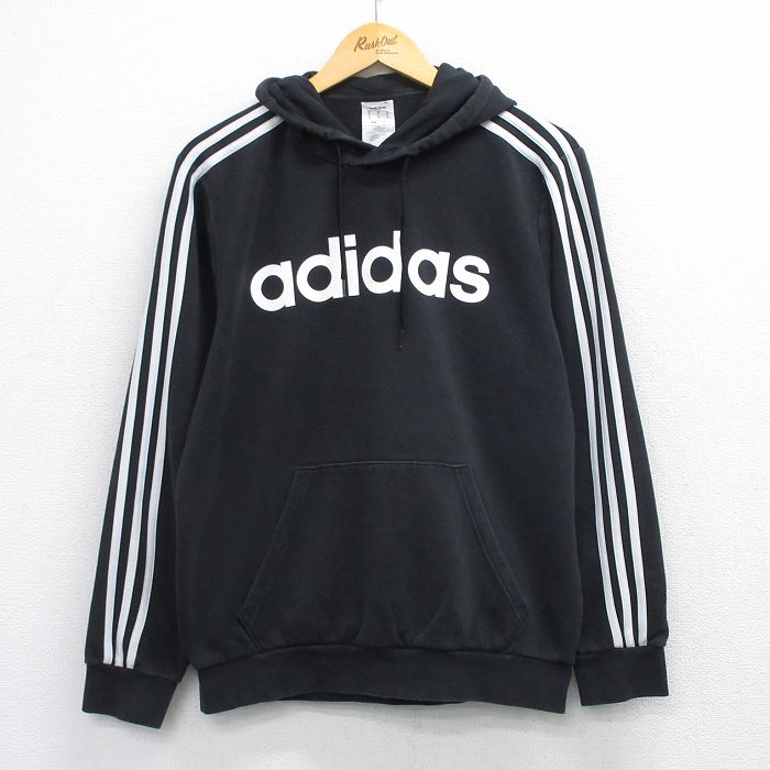 L★古着 アディダス adidas 長袖 スウェット パーカー メンズ ビッグロゴ 黒 3本ライン 26mar19