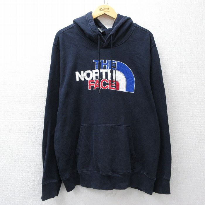 ノースフェイス 長袖スウェットパーカー ビッグロゴ ネイビー XL | 古着