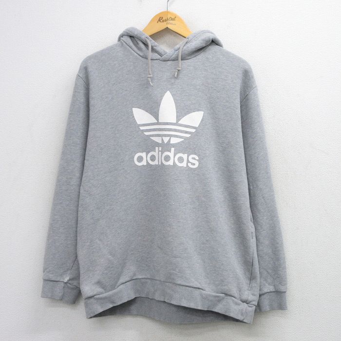 L★古着 アディダス adidas 長袖 スウェット パーカー メンズ ビッグロゴ リーフ トレフォイル グレー 霜降り 26mar23