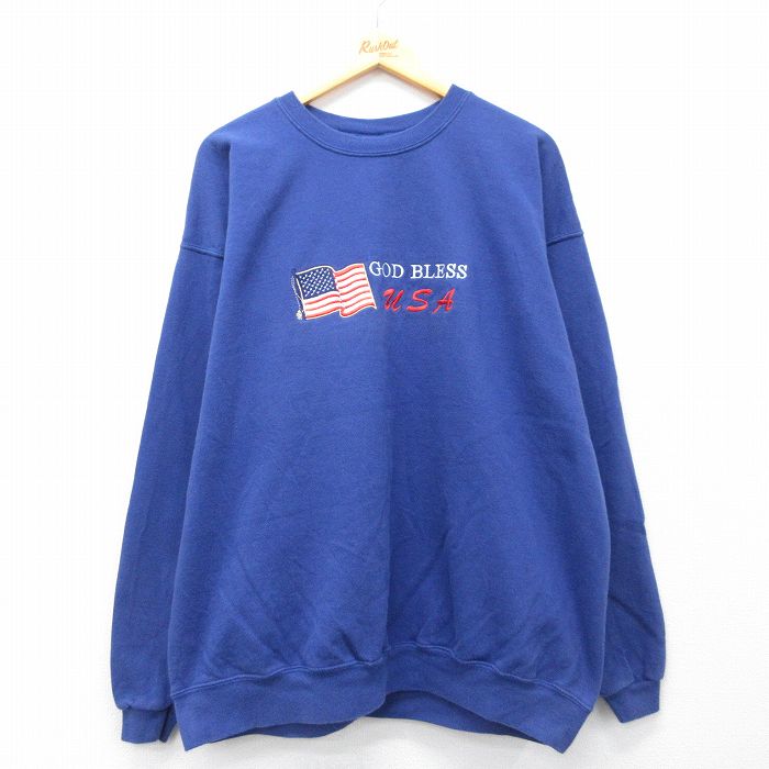 XL★古着 長袖 スウェット メンズ 00年代 00s GOD BLESS 星条旗 刺繍 大きいサイズ クルーネック 青 26mar24