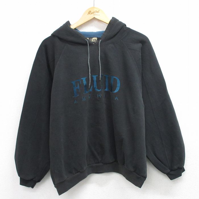 XL★古着 長袖 スウェット パーカー メンズ 00年代 00s FLUID 刺繍 ラグラン 大きいサイズ 黒 26mar24