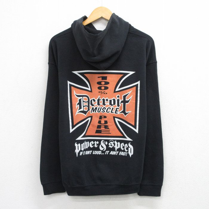 L★古着 長袖 スウェット パーカー メンズ Detroit MUSCLE ブリーチ 黒 26mar24
