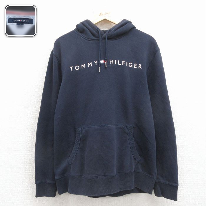 トミーヒルフィガー 長袖スウェットパーカー ビッグロゴ ネイビー メンズL相当 | 古着