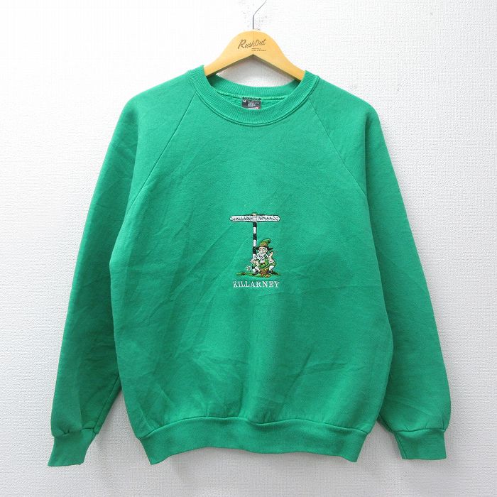 M★古着 スクリーンスターズ 長袖 スウェット メンズ 80年代 80s KILLARNEY 刺繍 ラグラン クルーネック USA製 緑 26mar27