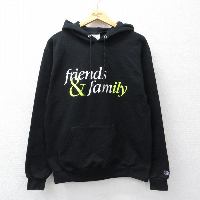チャンピオン 長袖スウェットパーカー frinds & family スマイル ブラック メンズM相当 | 古着