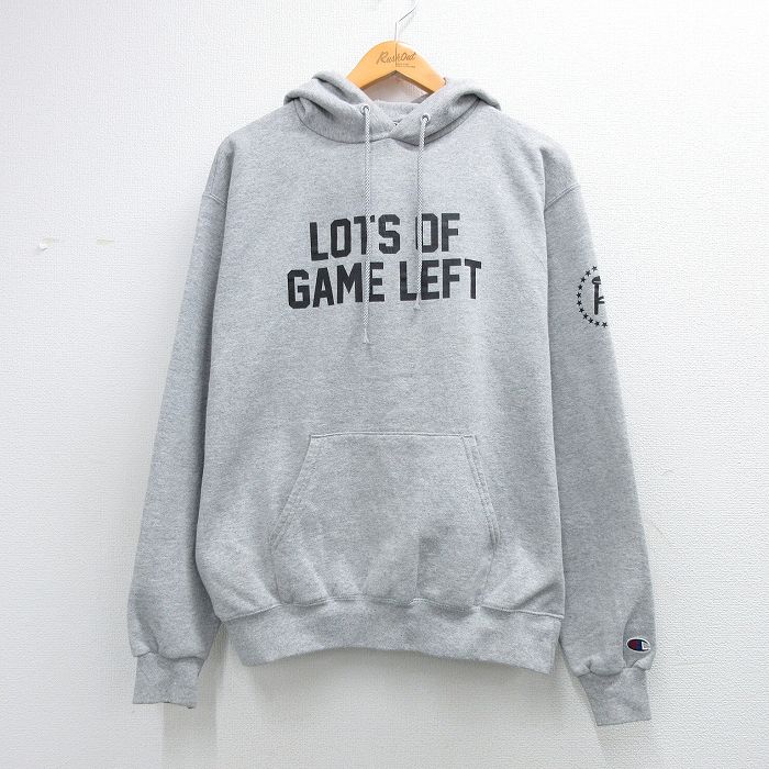 チャンピオン 長袖スウェットパーカー LOTS OF GAME LEFT グレー メンズM相当 | 古着