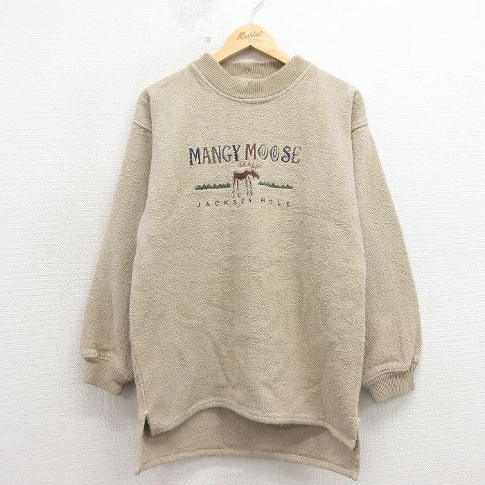 M★古着 長袖 トップス メンズ 00年代 00s シカ 刺繍 クルーネック ベージュ 26apr15