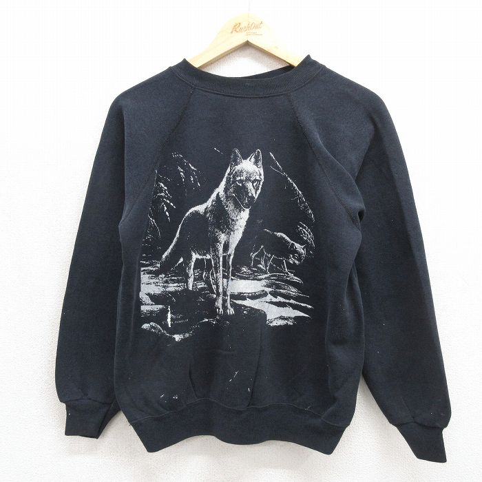 ヘインズ 90s 長袖スウェット オオカミ ブラック メンズM相当 | 古着