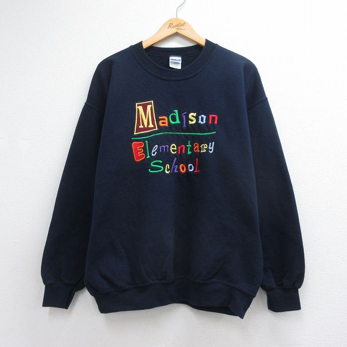 XL★古着 長袖 スウェット メンズ 00年代 00s Medison 刺繍 クルーネック ネイビー 26jul28