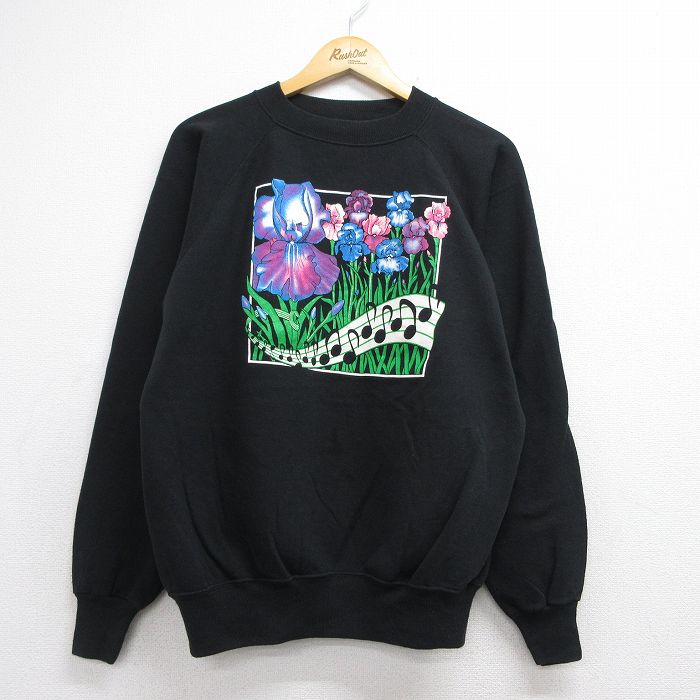 ヘインズ 90s 長袖スウェット 花 ラグラン ブラック メンズXL相当 | 古着