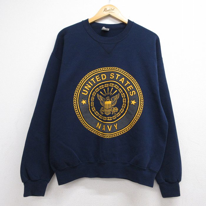 L★古着 長袖 スウェット メンズ 90年代 90s ミリタリー USネイビー リフレクター クルーネック USA製 ネイビー 26aug06