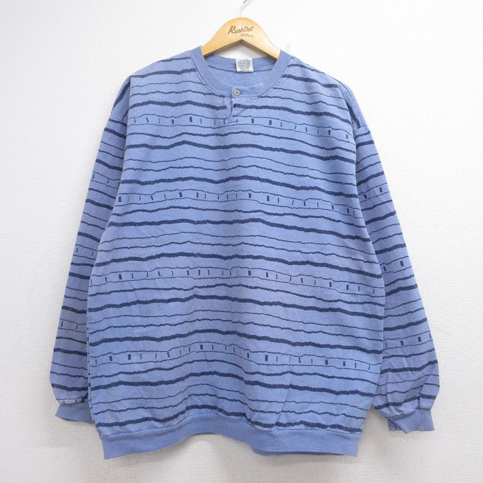 XL★古着 長袖 スウェット メンズ 90年代 90s コットン ヘンリーネック USA製 ライトブルー【spe】 26aug06