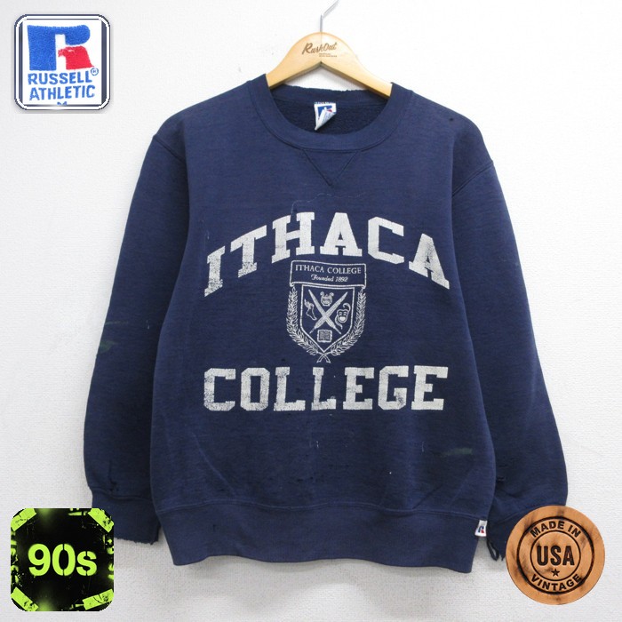 ラッセル 90s 長袖スウェット ボロ カレッジプリント ネイビー メンズM相当 | 古着