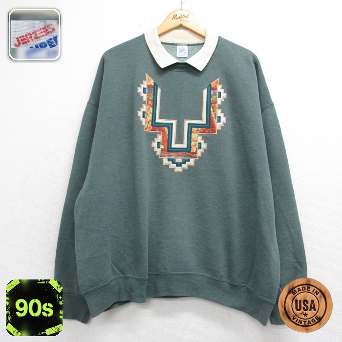 ジャージーズ 90s 長袖スウェット 刺繍 グリーン メンズXL相当 | 古着