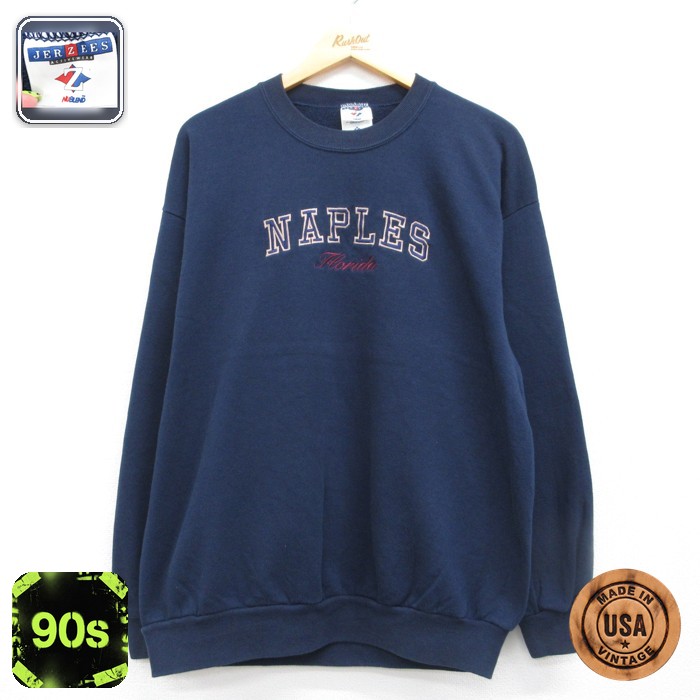 JERZEES 長袖 スウェット 90s NAPLES (州) クルーネック USA製 ネイビー メンズL相当 | 古着