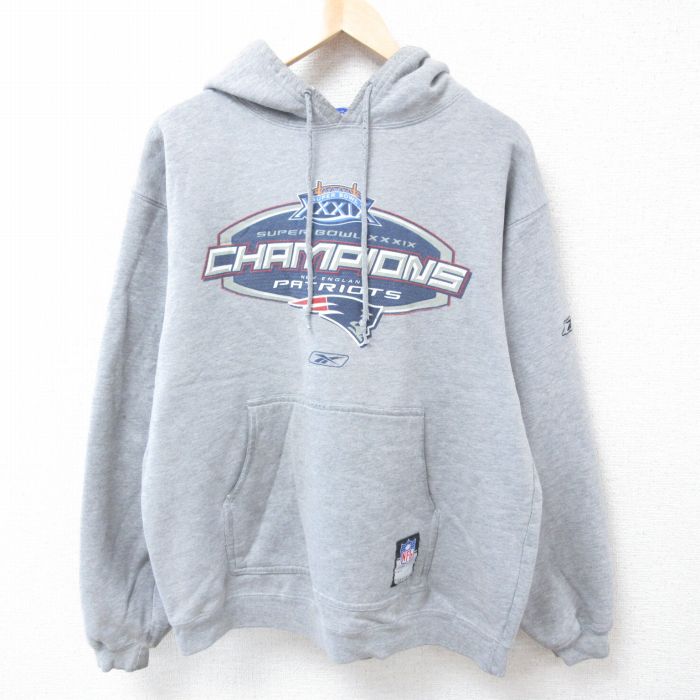 【50%OFF】XL★古着 リーボック REEBOK 長袖 スウェット パーカー メンズ 00年代 00s NFL ニューイングランドペイトリオッツ グレー 霜降り アメフト スーパーボウル 23nov08 中古 スエット トレーナー トップス