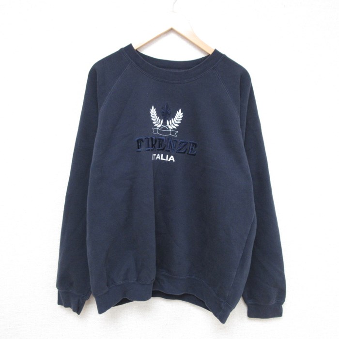 XL★古着 長袖 スウェット メンズ 00年代 00s ティレンツェ イタリア 刺繍 ラグラン クルーネック 濃紺 ネイビー 23nov27 中古 スエット トレーナー トップス
