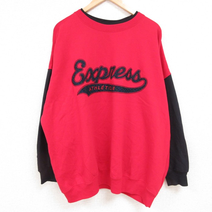 【50%OFF】XL★古着 エクスプレス 長袖 スウェット メンズ 90年代 90s ビッグロゴ ツートンカラー 大きいサイズ クルーネック 赤他 レッド 23nov24 中古 スエット トレーナー トップス