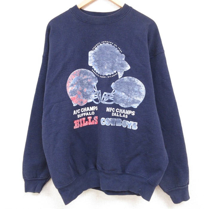 【50%OFF】XL★古着 フルーツオブザルーム 長袖 スウェット メンズ 90年代 90s NFL ダラスカウボーイズ バッファロービルズ クルーネック USA製 濃紺 ネイビー アメフト スーパーボウル 23nov28 中古 スエット トレーナー トップス