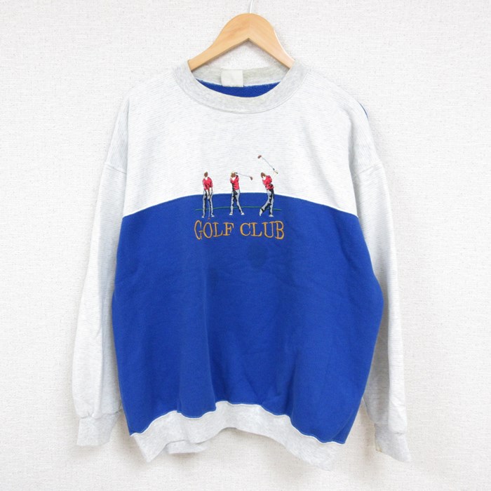 【50%OFF】XL★古着 長袖 スウェット メンズ 90年代 90s ゴルフ 刺繍 ツートンカラー 大きいサイズ クルーネック USA製 青他 ブルー 23dec13 中古 スエット トレーナー トップス