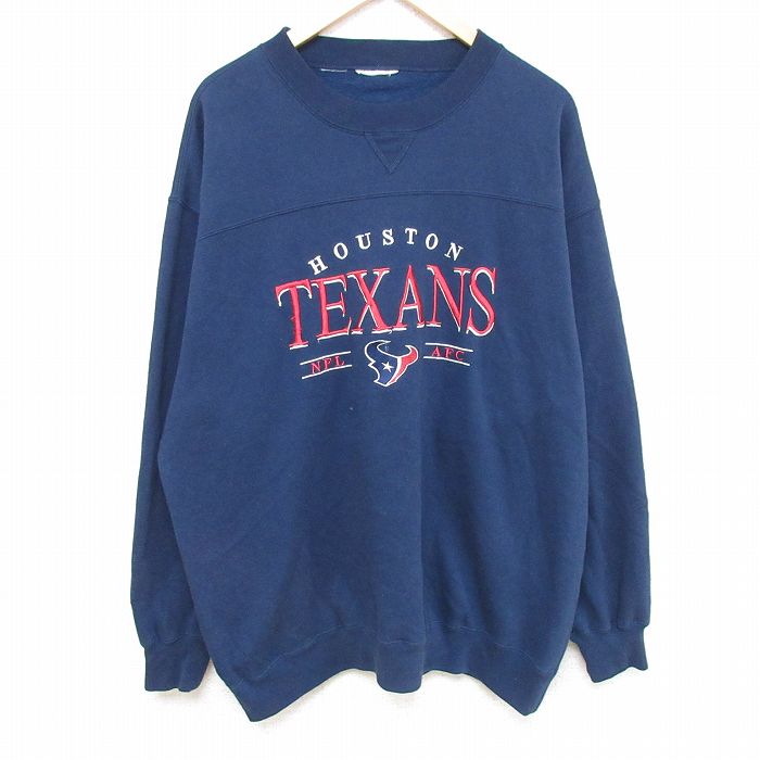 XL★古着 長袖 スウェット メンズ 00年代 00s NFL ヒューストンテキサンズ 刺繍 大きいサイズ クルーネック 紺 ネイビー アメフト スーパーボウル 23dec20 中古 スエット トレーナー トップス