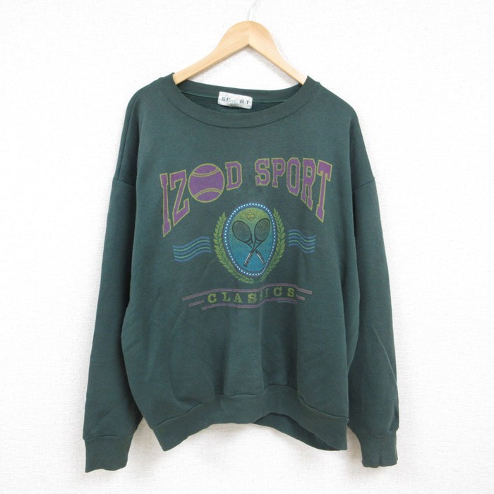 XL★古着 IZOD 長袖 スウェット メンズ 90年代 90s ビッグロゴ テニスラケット 大きいサイズ クルーネック USA製 濃緑 グリーン 24jan05 中古 スエット トレーナー トップス