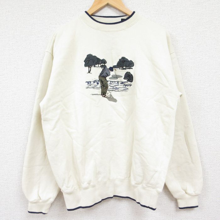 【50%OFF】M★古着 長袖 スウェット メンズ 00年代 00s ゴルフ 刺繍 クルーネック 白 ホワイト 24jan06 中古 スエット トレーナー トップス