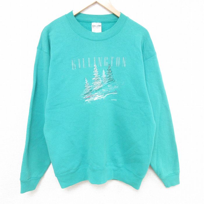 M★古着 オニータ ONEITA 長袖 スウェット メンズ 90年代 90s KILLINGTON 木 刺繍 クルーネック USA製 青緑 24jan06 中古 スエット トレーナー トップス