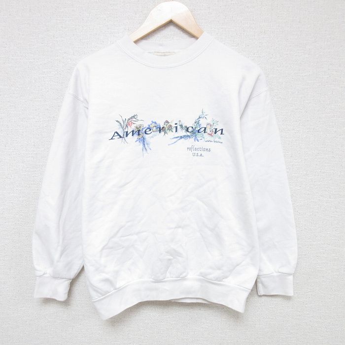 【50%OFF】M★古着 長袖 スウェット メンズ 90年代 90s 野花 クルーネック 白 ホワイト 24jan08 中古 スエット トレーナー トップス