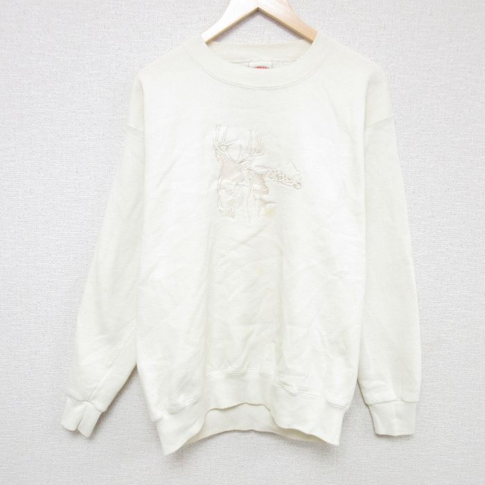 90s 長袖スウェット シカ刺繍 生成り L | 古着
