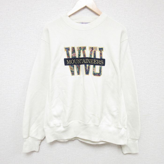 90s 長袖スウェット 登山家刺繍 生成り XL | 古着