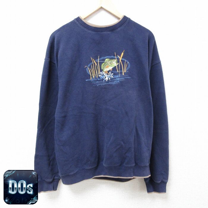 00s 長袖スウェット 魚刺繍 ネイビー XL | 古着