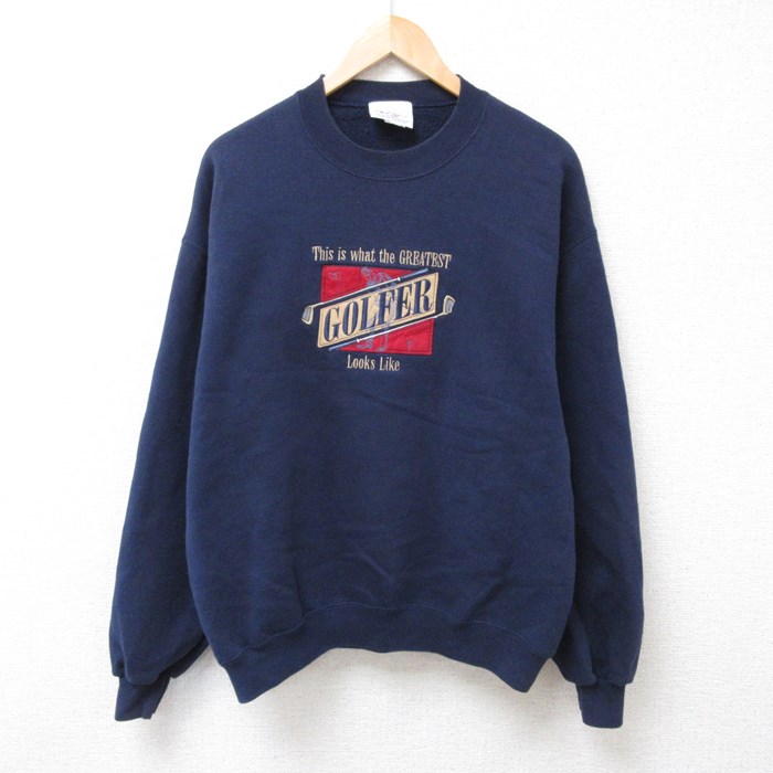 L★古着 長袖 スウェット メンズ 00年代 00s ゴルファー 刺繍 クルーネック 濃紺 ネイビー 24jan12 中古 スエット トレーナー トップス
