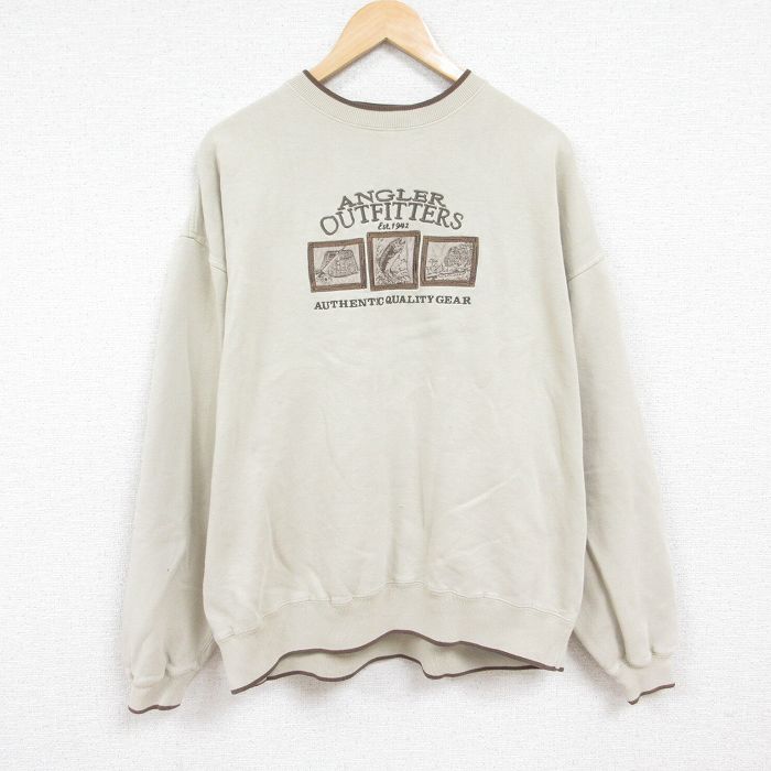 00s 長袖スウェット 釣り刺繍 ベージュ XL | 古着