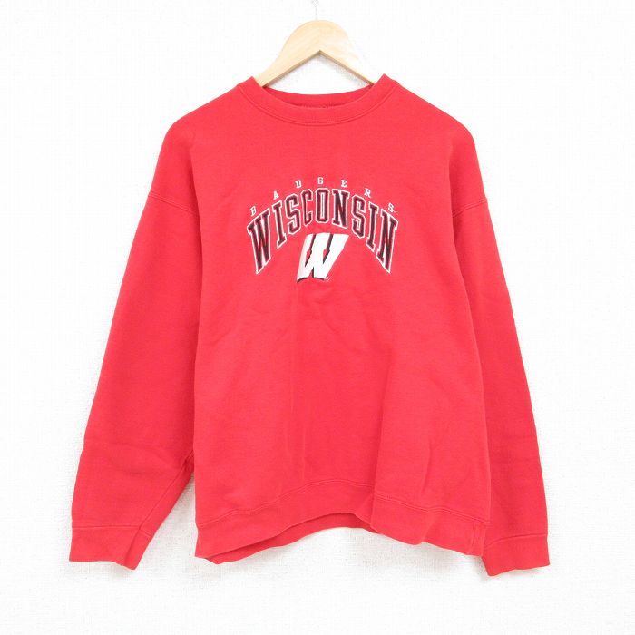 XL★古着 長袖 スウェット メンズ 00年代 00s ウィスコンシン 刺繍 クルーネック 赤 レッド 24jan13 中古 スエット トレーナー トップス