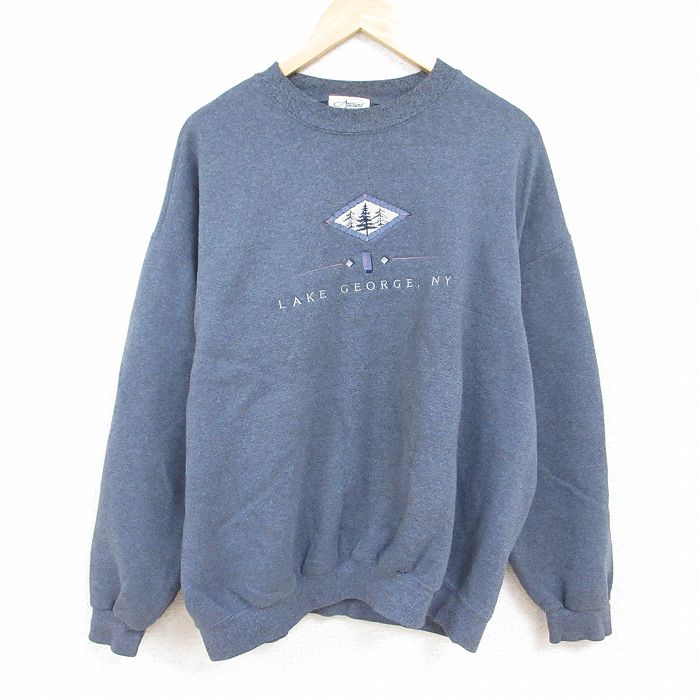 【50%OFF】XL★古着 長袖 スウェット メンズ 00年代 00s ジョージ湖 ニューヨーク 刺繍 大きいサイズ クルーネック グレー 霜降り 24jan13 中古 スエット トレーナー トップス
