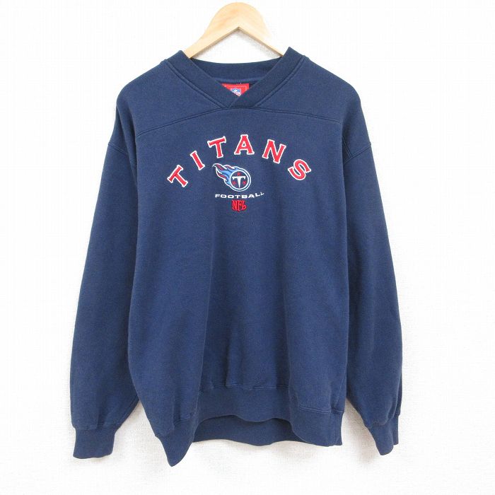 XL★古着 長袖 スウェット メンズ 00年代 00s NFL テネシータイタンズ 刺繍 大きいサイズ Vネック 紺 ネイビー アメフト スーパーボウル 24jan15 中古 スエット トレーナー トップス