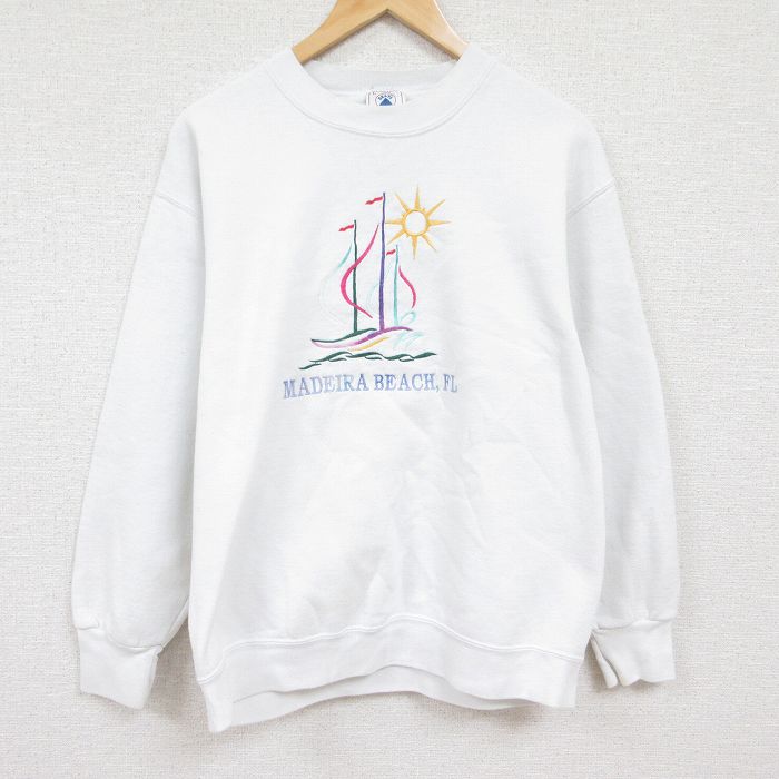 L★古着 長袖 スウェット メンズ 90年代 90s マデイラビーチ 刺繍 クルーネック USA製 白 ホワイト 24jan16 中古 スエット トレーナー トップス