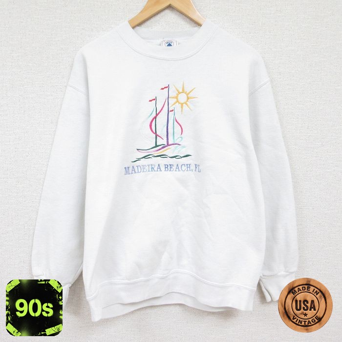 【50%OFF】90s 長袖スウェット マデイラビーチ刺繍 ホワイト メンズL相当 | 古着